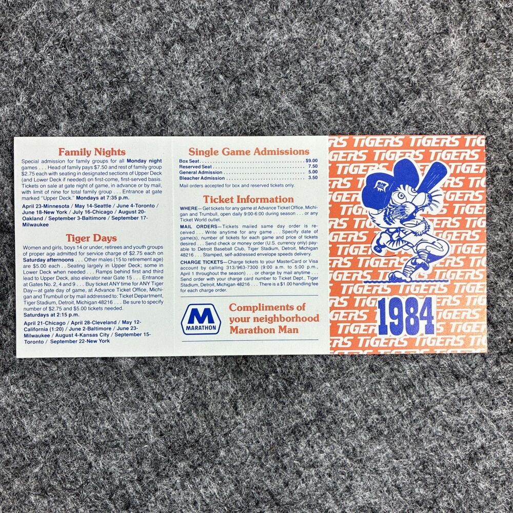 1984 Detroit Tigers Pocket Schedule Marathon Gas MLB Champions Baseball Ephemera